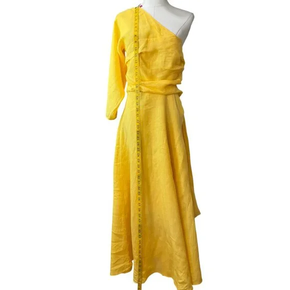 RACHEL COMEY Tipple One Shoulder Pleated Linen Asymmetrical Dress in Yellow  SZ:8 - threedaughtersproperties.com